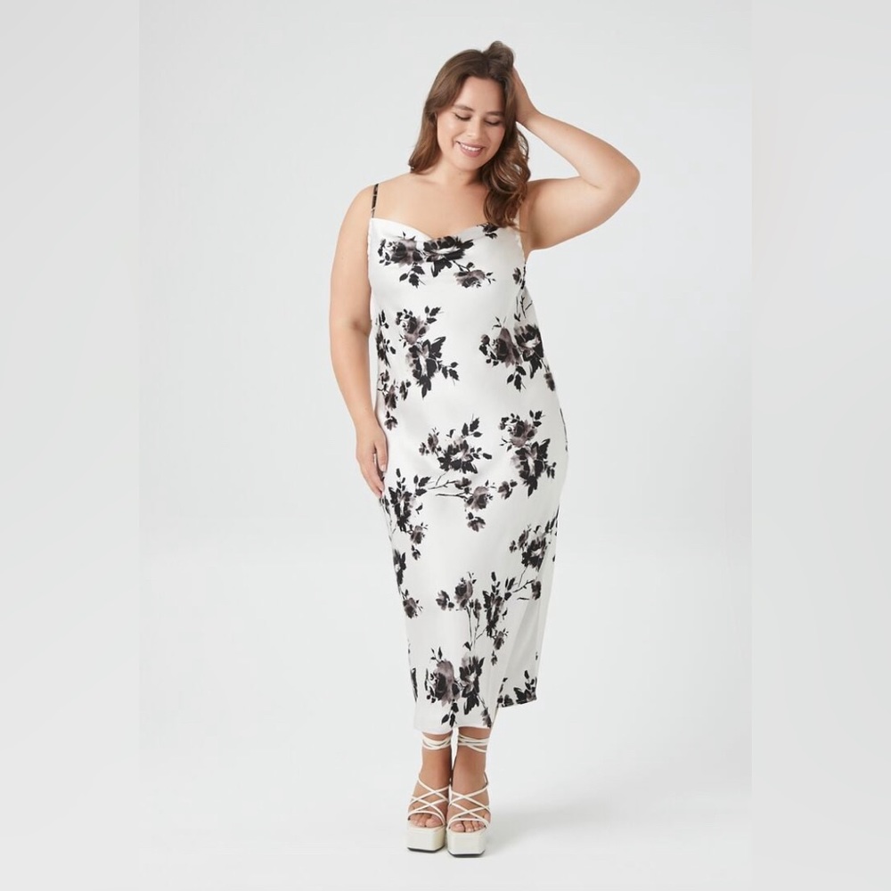 Plus Size Satin Floral Print Midi Dress